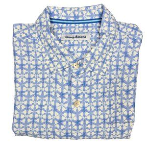 Tommy Bahama 100% silk Blue & White Geometric Button-Up Shirt sz large vacation